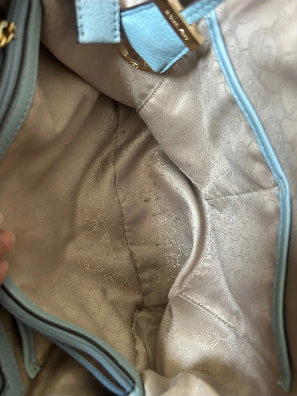Michael Kors Pale Blue Pebbled Leather Satchel with Gold Hardware